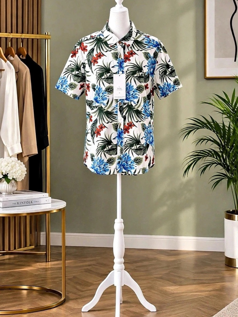 DF Floral Casual Button Down in White & Blue XL NWT